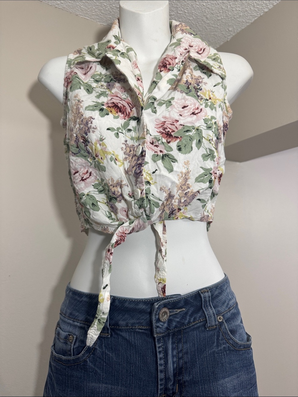 1990s M Collection Floral Button-Up Tie-Front Blouse